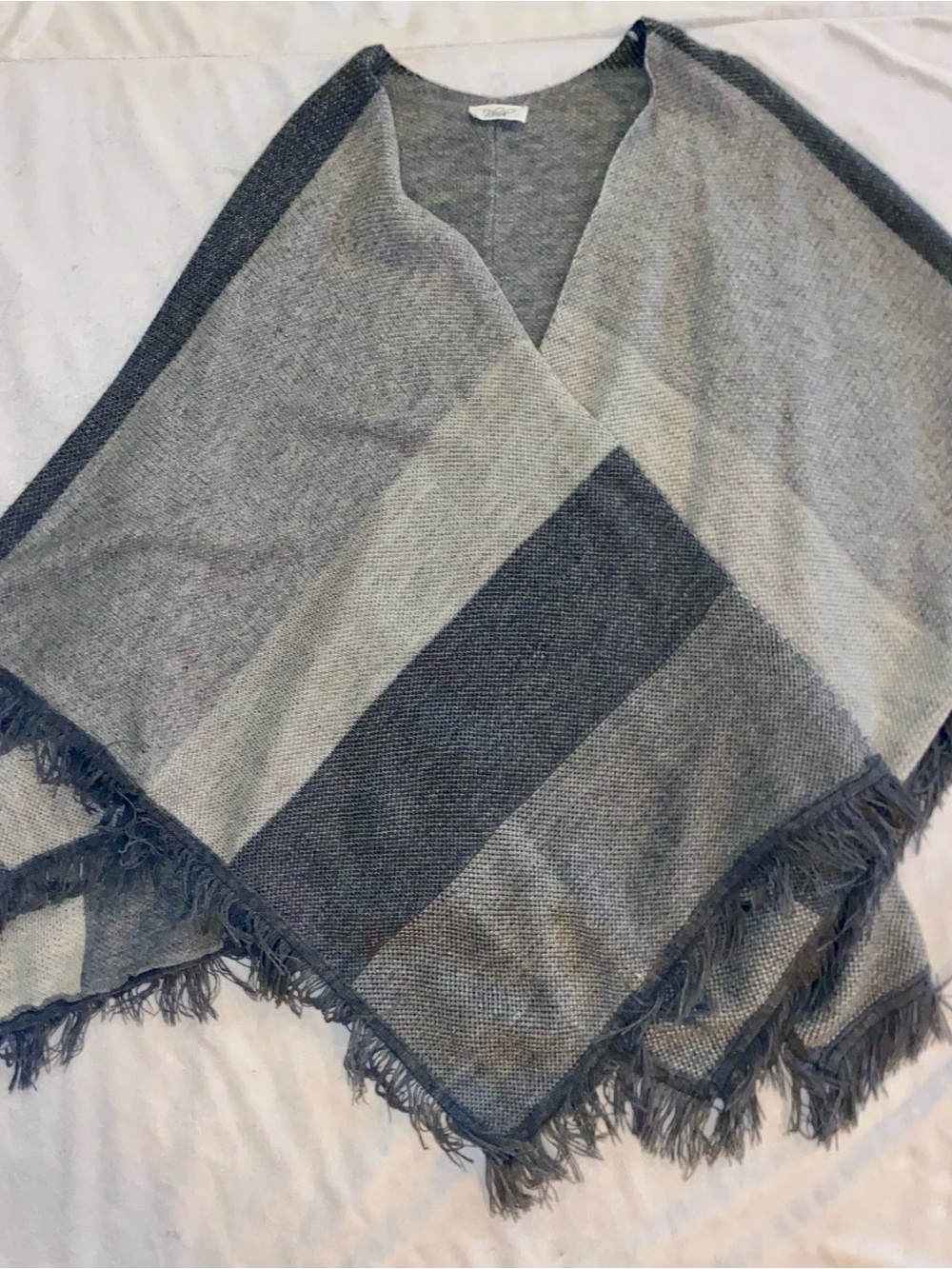 Plush Boutique Gray Colorblock Fringe Knot Poncho Cardigan